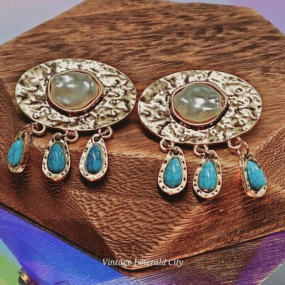 Rainy Cloud Faux Freshwater White Pearl W Blue Turquoise Rain Drops Gold Dangle - Picture 3 of 8